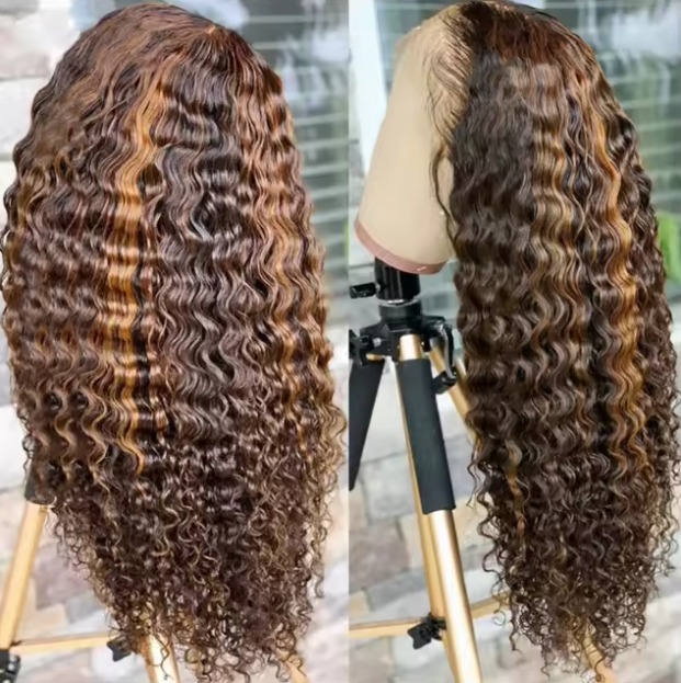 The Devote Transparent 13x6 Lace Front Wig | Ombre Brown Highlight Body Wave Human Hair | Glueless Deep Wave Wig | Natural Finish