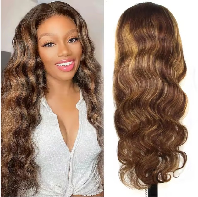 The Devote Transparent 13x6 Lace Front Wig | Ombre Brown Highlight Body Wave Human Hair | Glueless Deep Wave Wig | Natural Finish