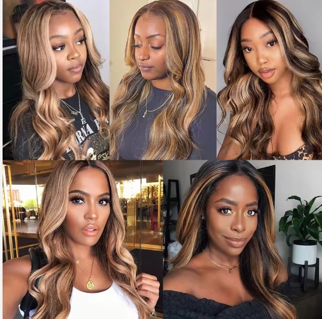 The Devote Transparent 13x6 Lace Front Wig | Ombre Brown Highlight Body Wave Human Hair | Glueless Deep Wave Wig | Natural Finish