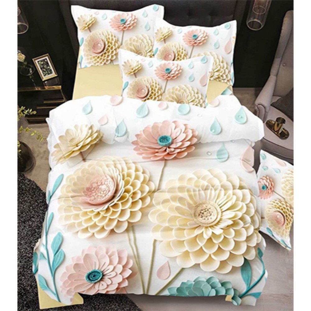 7D Digital Printed White Bedsheet - Color: Multicolor