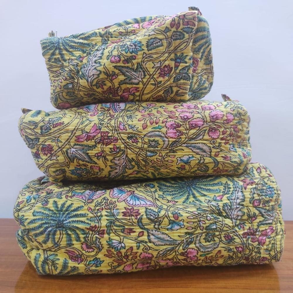 Beautiful Block Flower Print Cotton Toiletry Bag