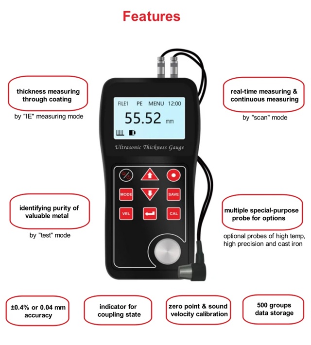 Through Coating Metal Glass and Plastic Ultrasonic Thickness Gauge