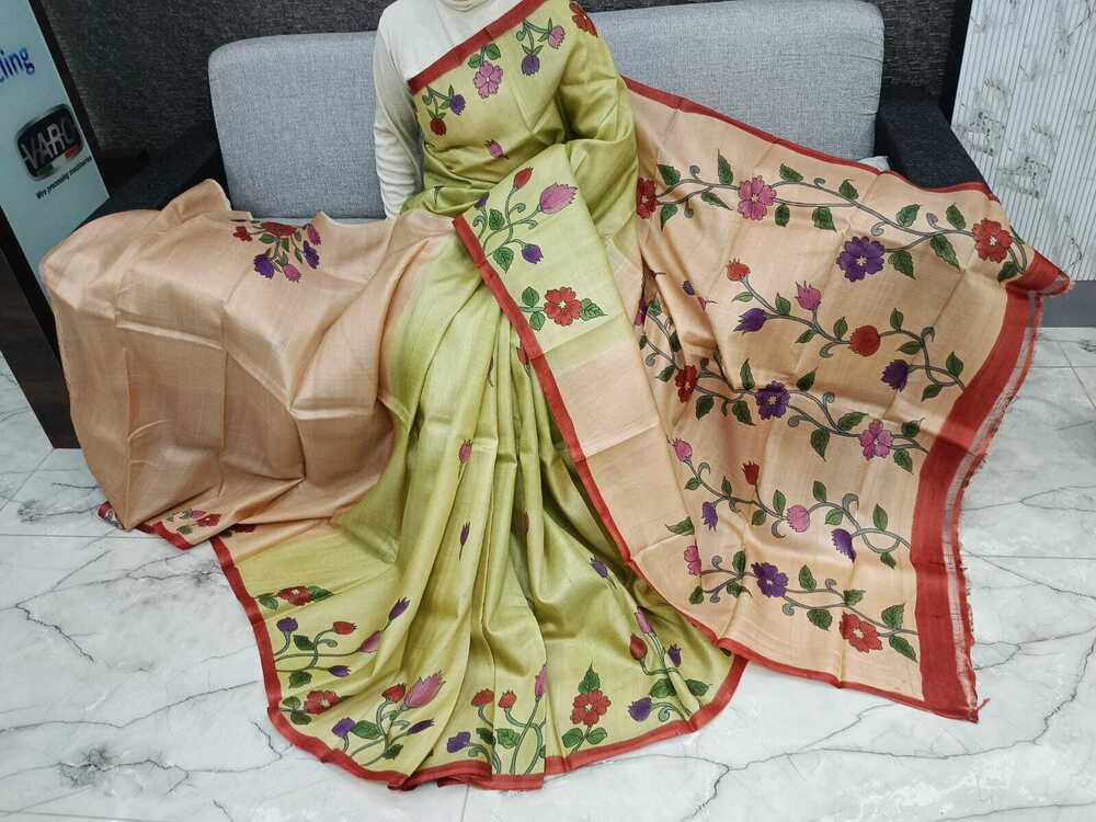 Floral Hand Painting Tussar Silk Saree