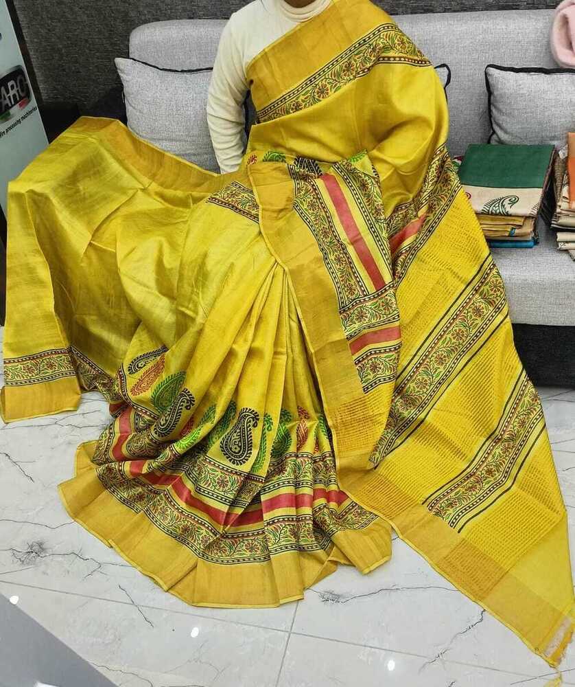 Yellow Block Printing Tussar Silk Saree