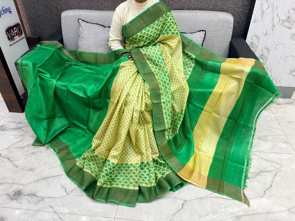Green Block Printing Tussar Silk Saree