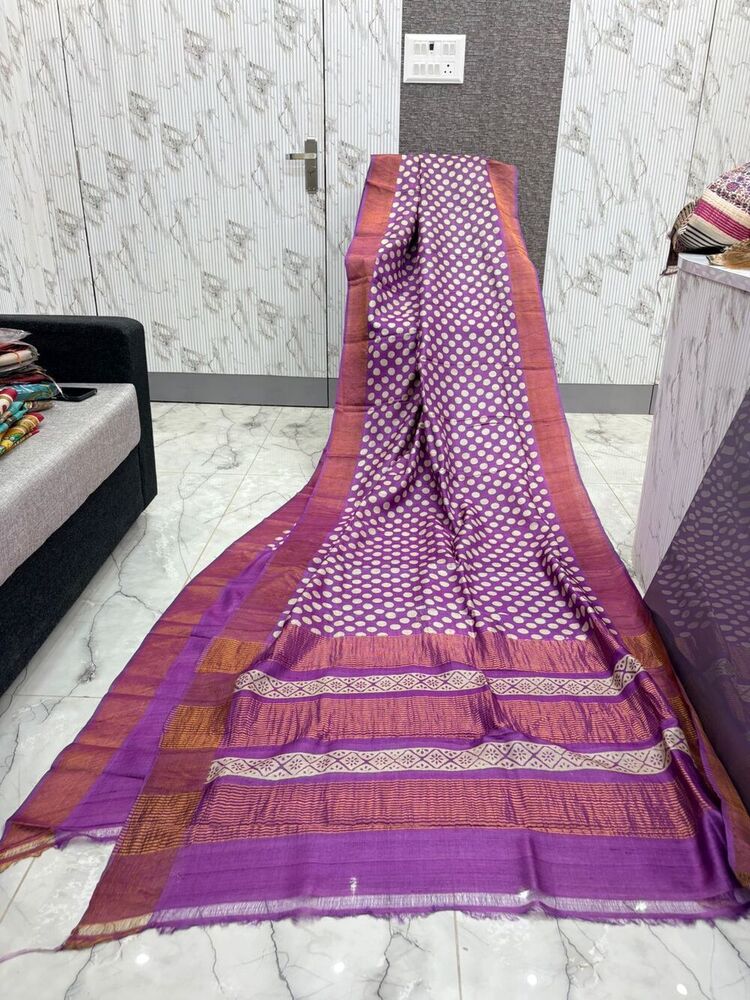 Ladies Fancy Block Printing Tussar Silk Saree