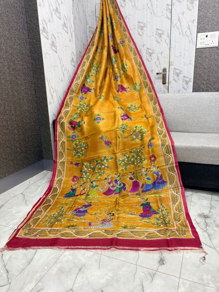 Yellow Hand Painting Tussar Silk Saree