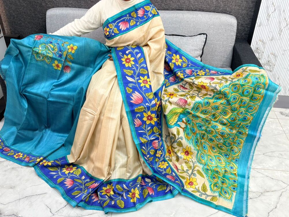 Designer Hand Painting Tussar Silk Saree