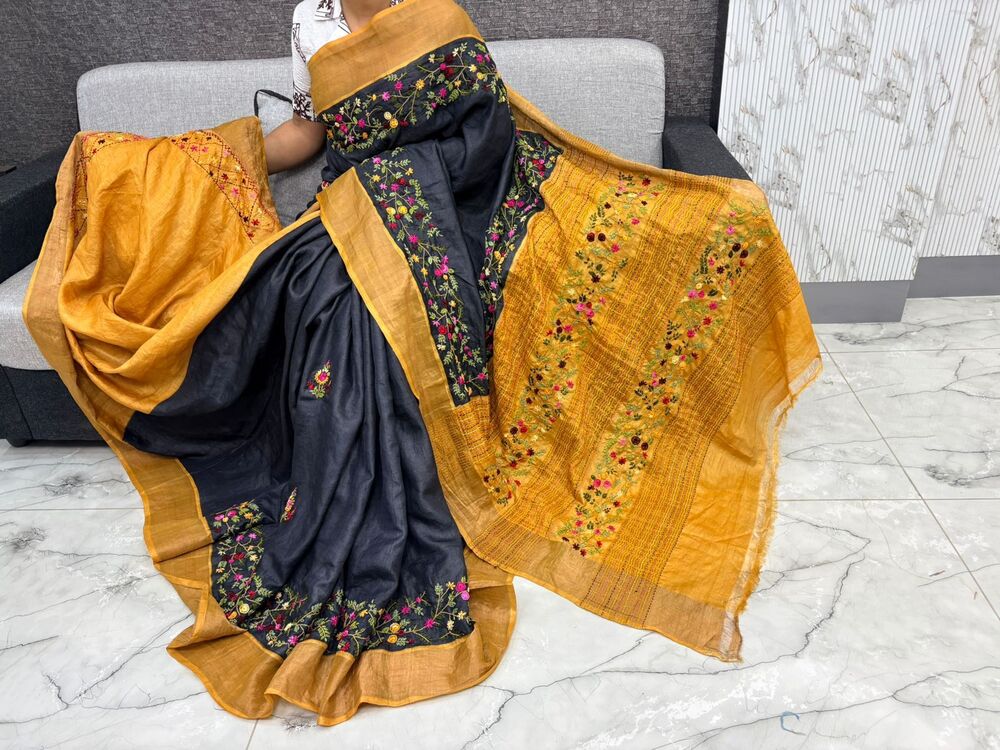Yellow And Black Lambani Tussar Silk Saree