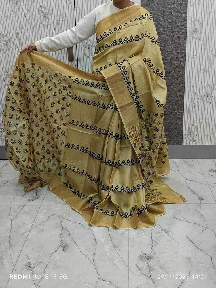 Mehndi Color Block Printing Tussar Silk Saree