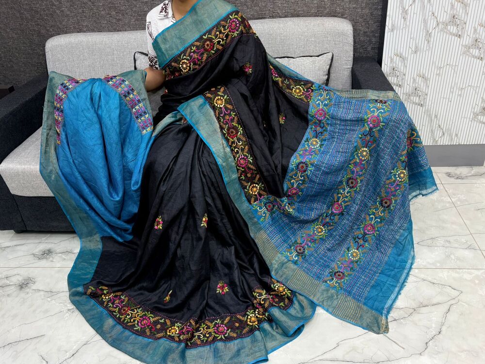 Blue And Black Lambani Tussar Silk Saree