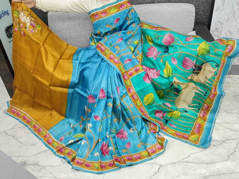 Party Wear Hand Painting Tussar Silk Saree