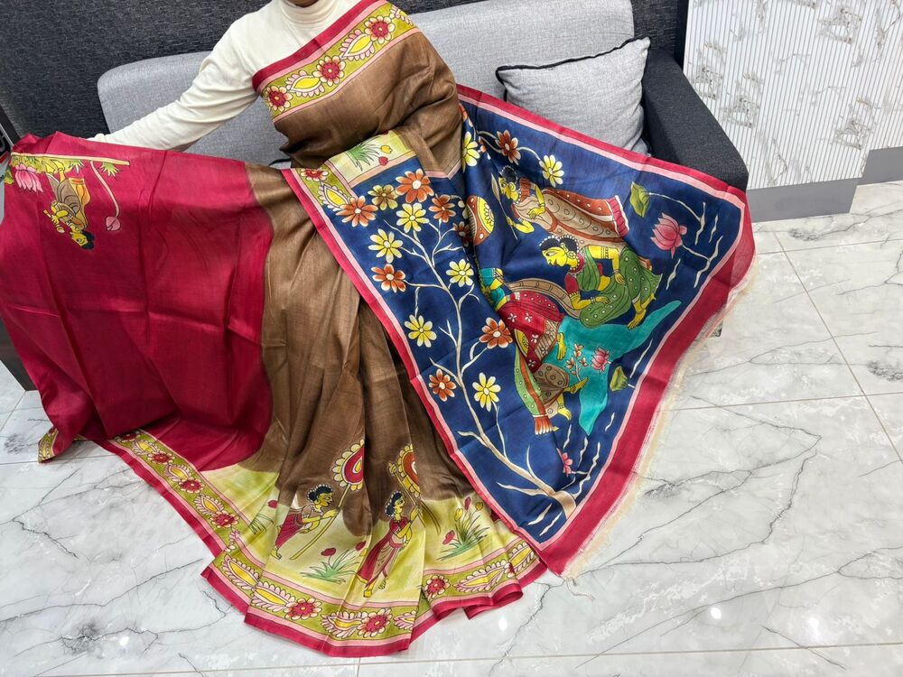 Multicolor Hand Painting Tussar Silk Saree