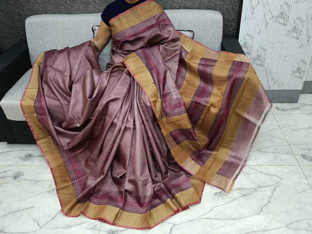 Party Wear Block Printing Tussar Silk Saree