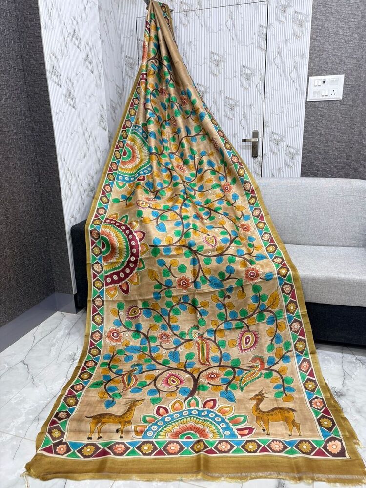 Ladies Designer Hand Painting Tussar Silk Saree