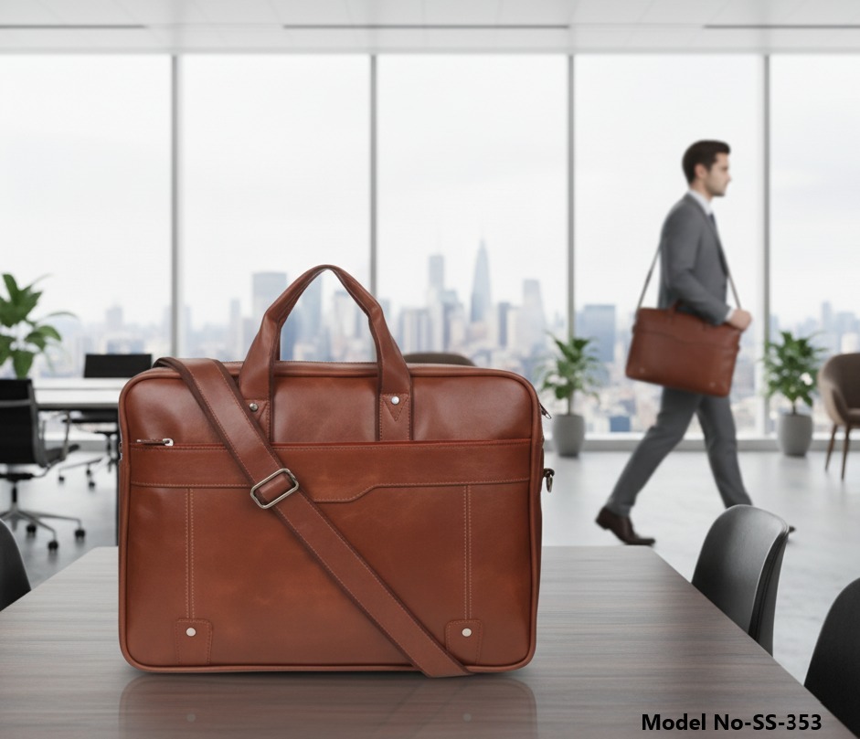 (SS-353) Brown Solid Leather Laptop Bag With handle For Office