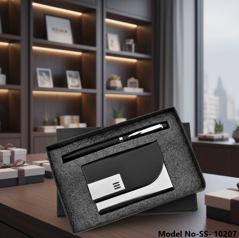 (Ss-10207) Gift Set Of Pen And Card Holder With Logo Branding - Color: Black