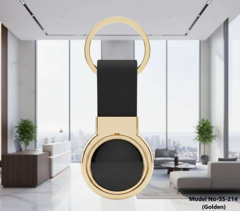SS-214 Golden Round Metal With Leather Keychain Revoling