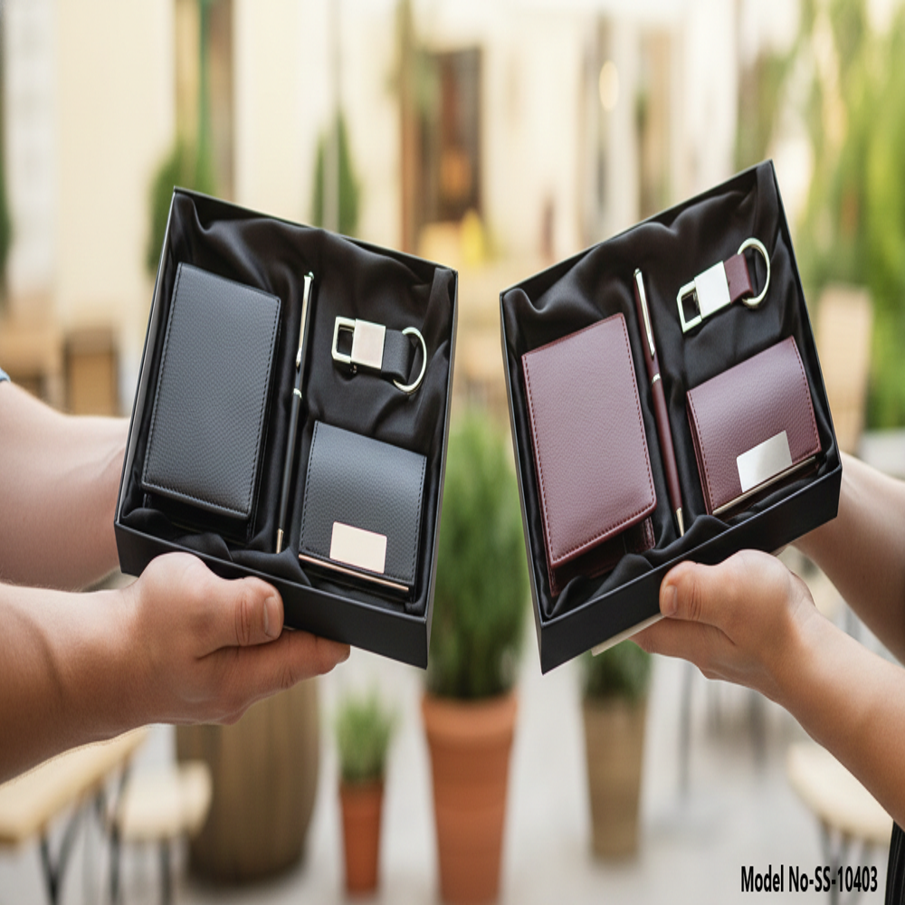 Executive 4-in-1 Textured Leatherette Gift Set: Wallet, Card Case, Pen & Keychain (SS-10403)