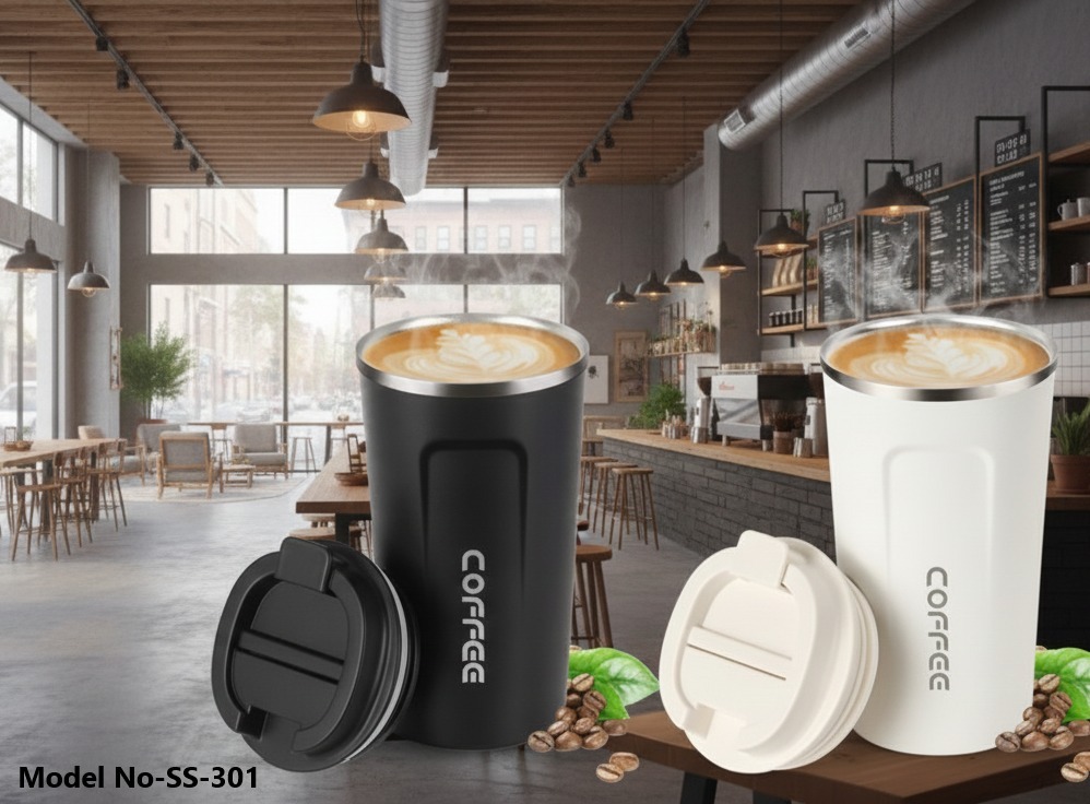 Vacuum Insulated Coffee Cup With Lid Double Walled Stainless Steel Travel Mug (Ss-301) - Capacity: 350-400 Milliliter (Ml)