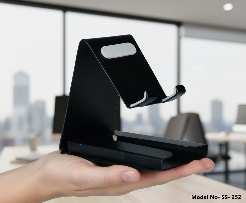 Premium Metal Mobile Stand With Business Card Holder (Ss-252) - Color: Black