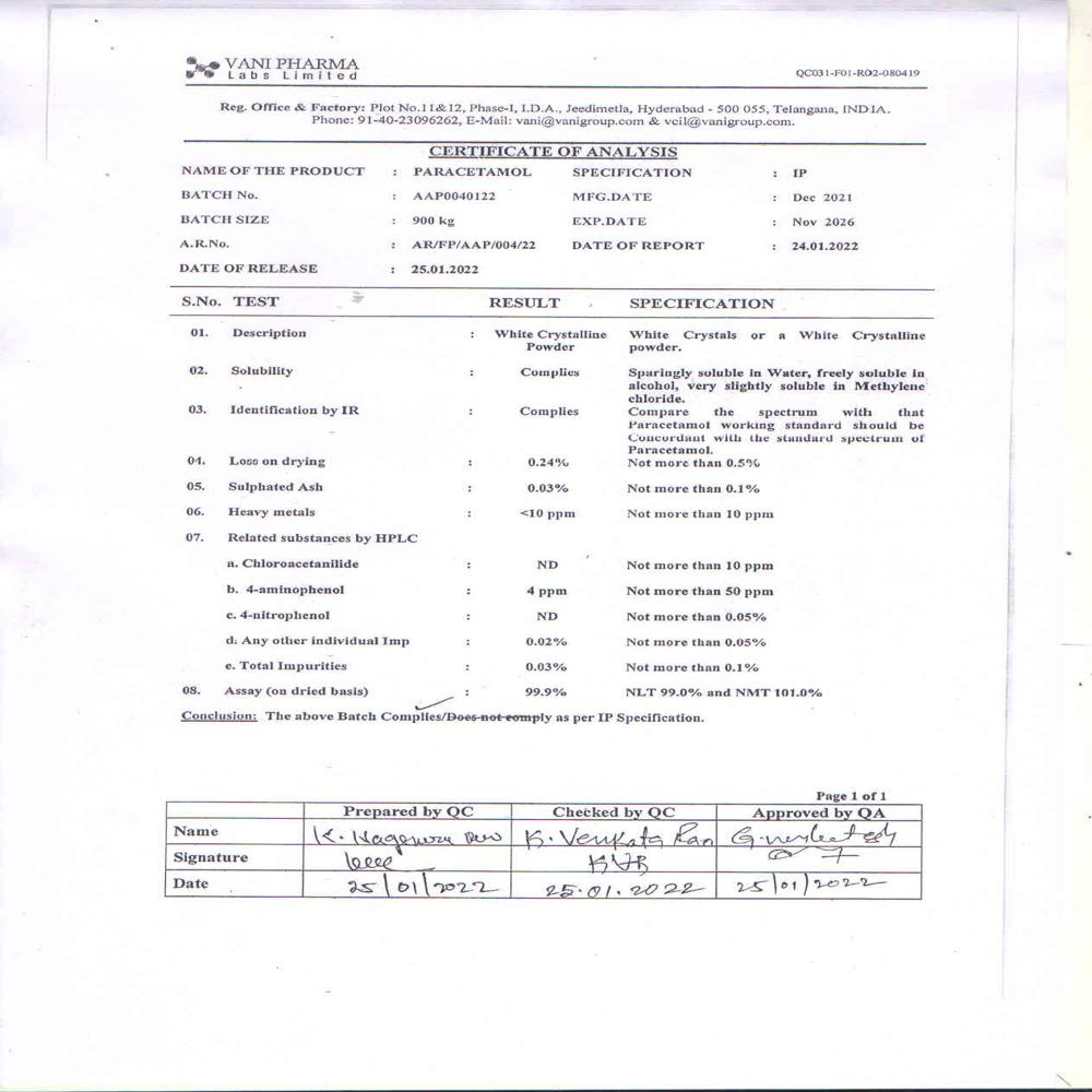 Paracetamol Ip - Chemical Name: Acetaminphan