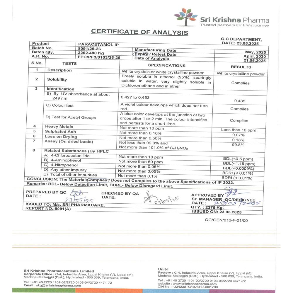 Paracetamol Ip - Chemical Name: Acetaminphan