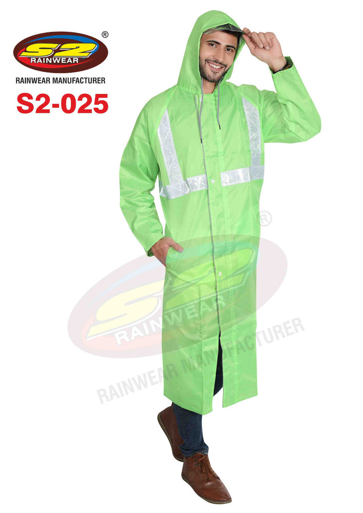 Pu Polyester Raincoats - Polyester Taffeta With Virgin Pvc Lining 0.15mm, Assorted Colors, Reversible Long Coat With Hood & Pockets, High Visibility Reflective Tape