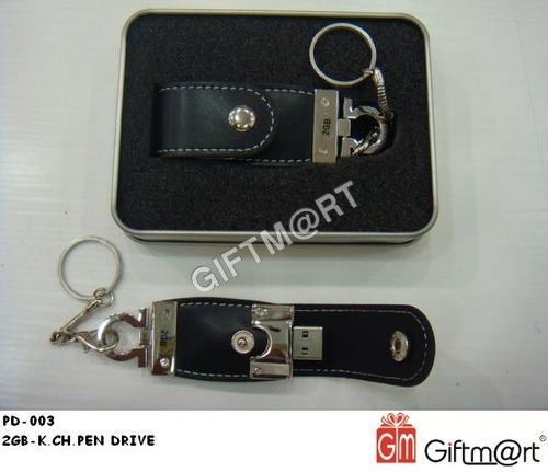 Black And Silver Leather Keychain Pen Drive