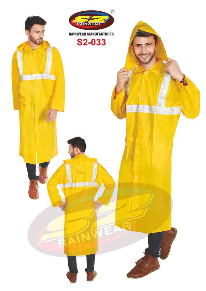 High Visibility Pvc Raincoat - Virgin Pvc 0.15mm Thickness, Bright Yellow Color, Long Coat With Hood And Pockets, Reflective Tape For Safety