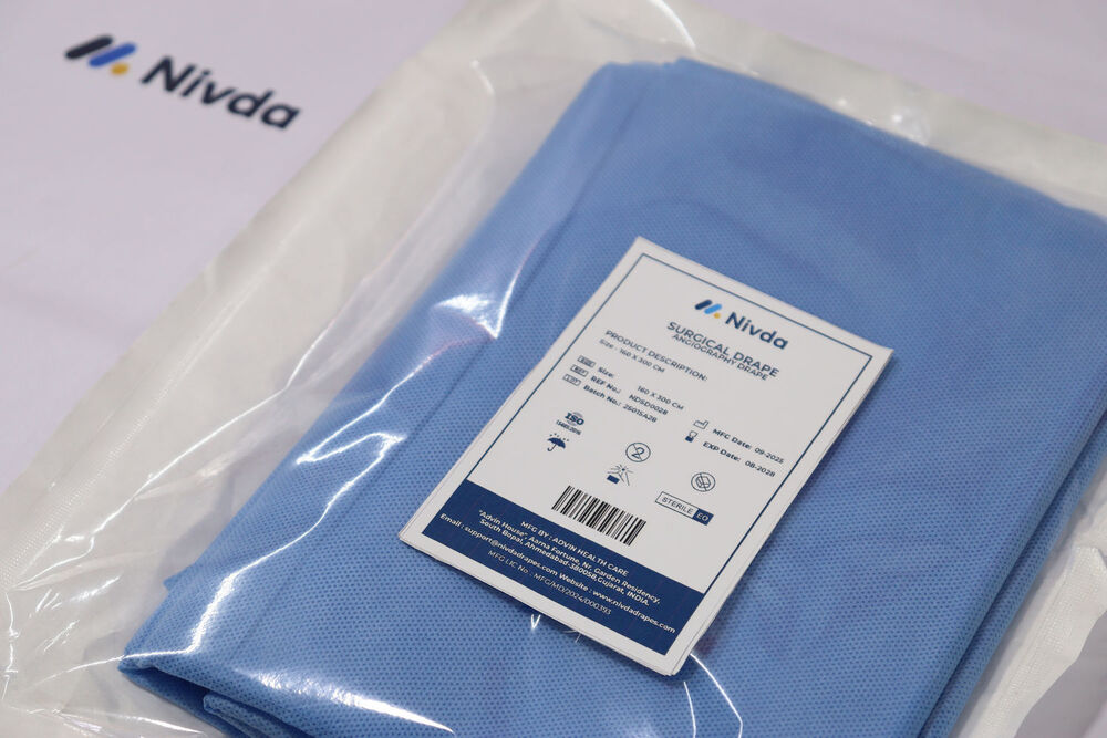 Nivda Angiography Drape - Sms Fabric, 65 Cm X 76 Cm, Blue | Flame Resistant, Reinforced Aperture For Cardiac Procedures, Eto Sterile, Individually Packed