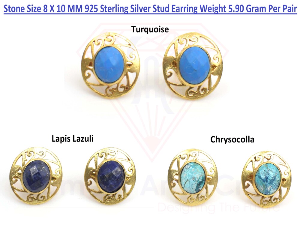 Natural Multi Gemstone Stud Earring In 925 Sterling Silver With Gold Plated Oval Shape