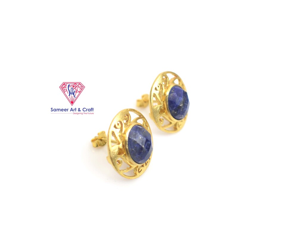 Natural Multi Gemstone Stud Earring In 925 Sterling Silver With Gold Plated Oval Shape