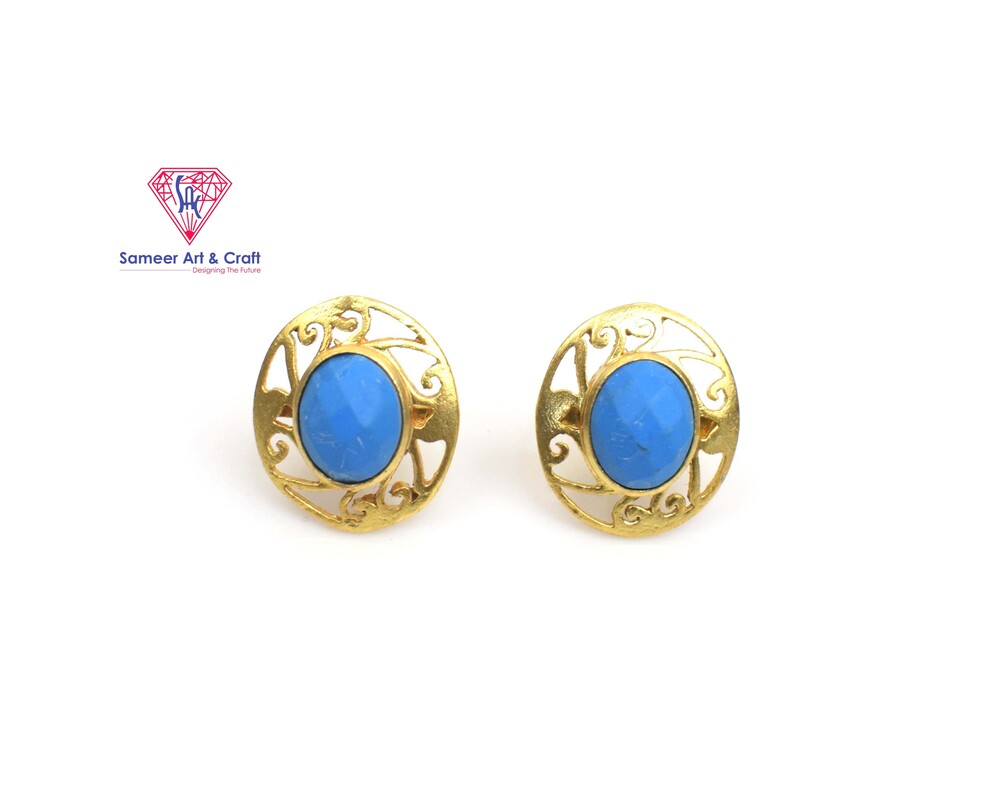Natural Multi Gemstone Stud Earring In 925 Sterling Silver With Gold Plated Oval Shape