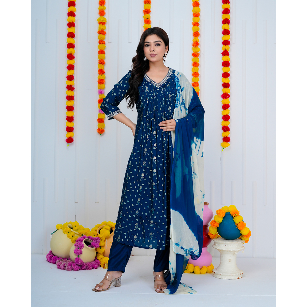 Blue Bandhini A-line Suit Set