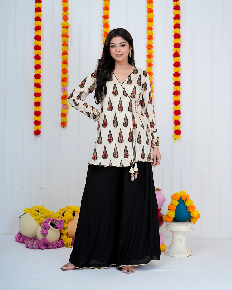 Offwhite Black Booti Angrakha Suit Set