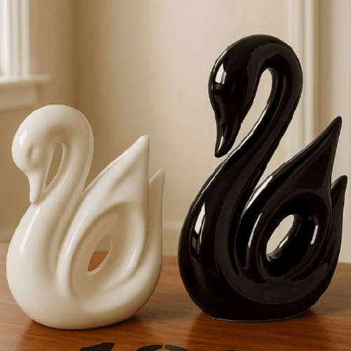 Swan Couple Piano Ceramic Figures Set Of 2