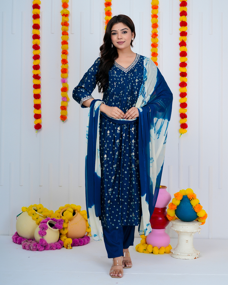 Blue Bandhini A-line Suit Set