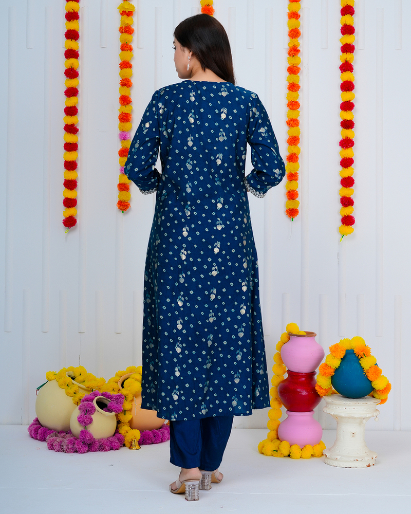 Blue Bandhini A-line Suit Set