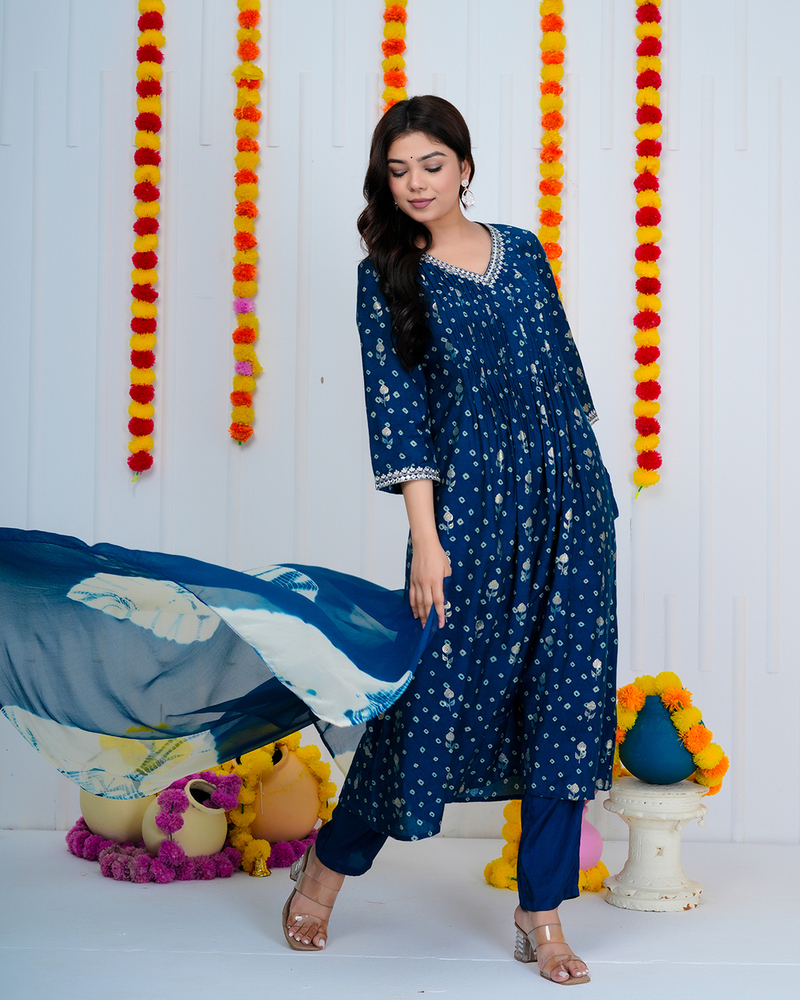 Blue Bandhini A-line Suit Set
