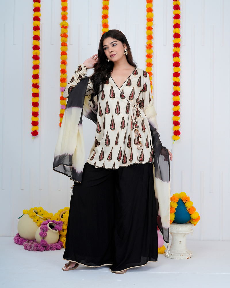 Offwhite Black Booti Angrakha Suit Set