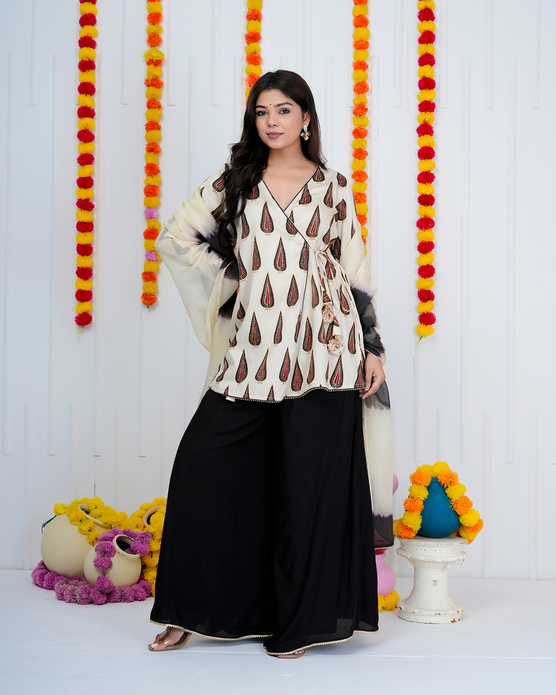 Offwhite Black Booti Angrakha Suit Set