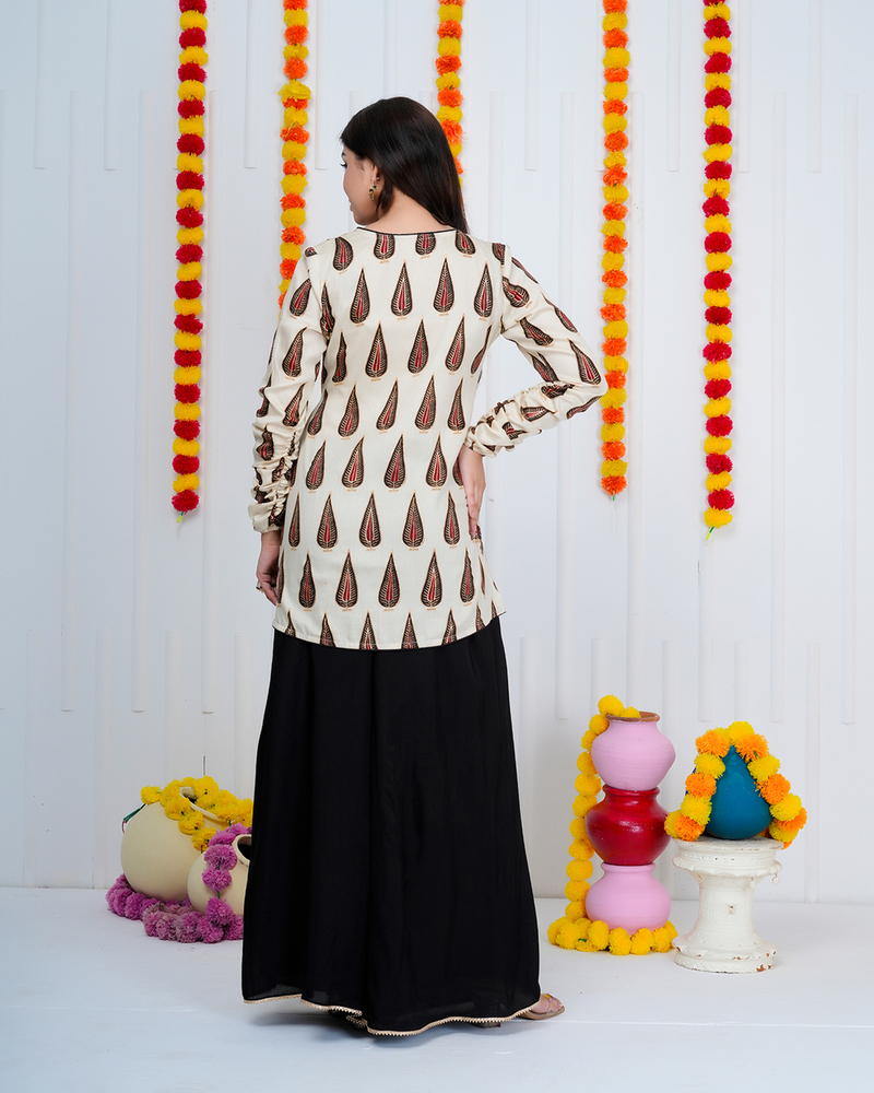 Offwhite Black Booti Angrakha Suit Set