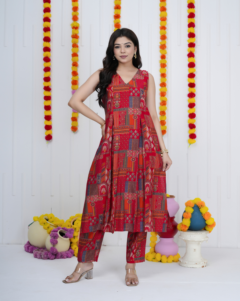 Red Muslin Straight Kurta Set