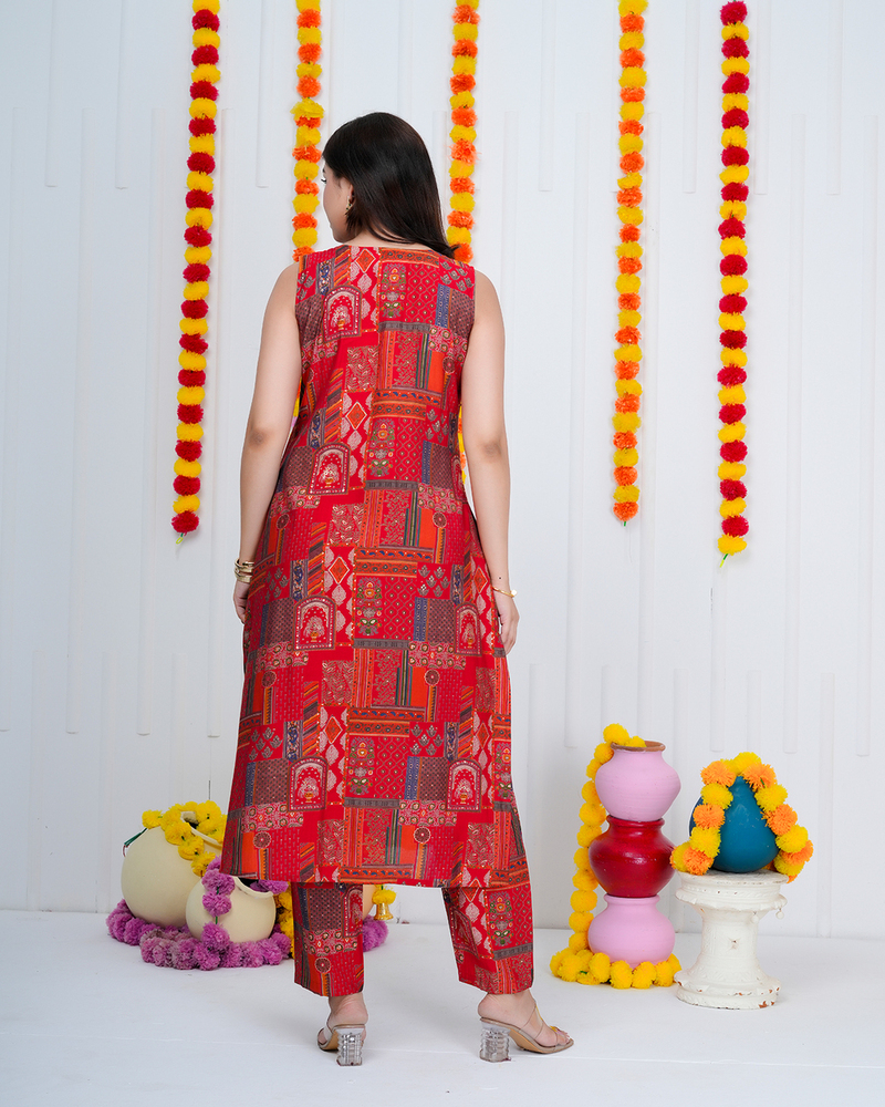 Red Muslin Straight Kurta Set