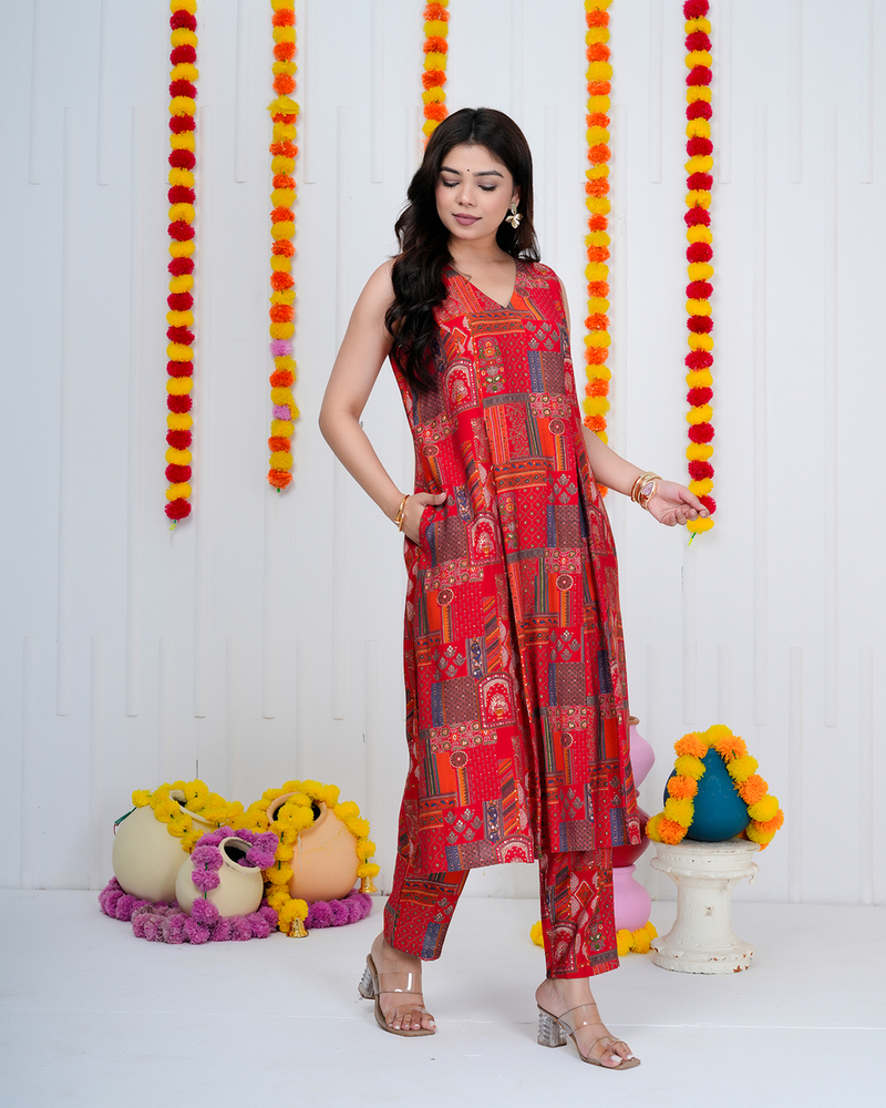 Red Muslin Straight Kurta Set