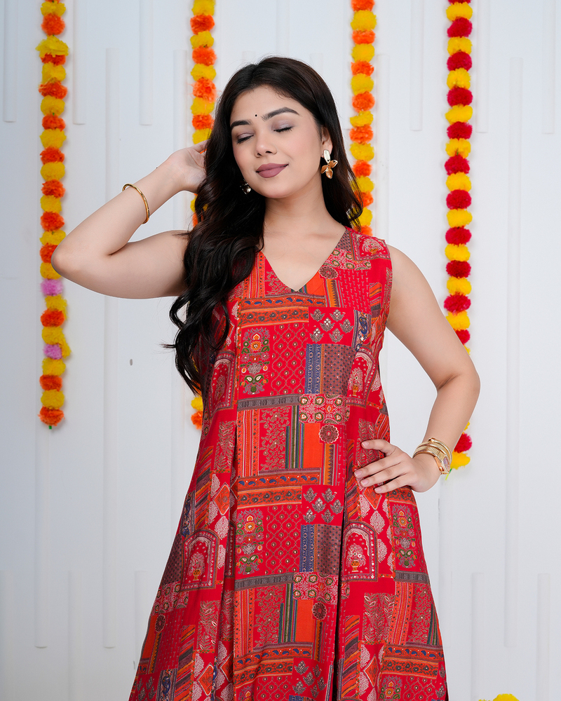 Red Muslin Straight Kurta Set