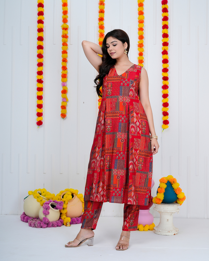 Red Muslin Straight Kurta Set