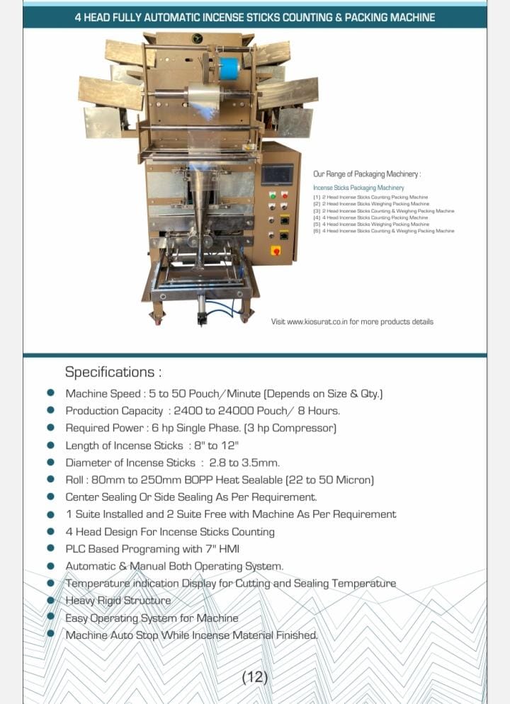 KIO 4 HEAD FULLY AUTOMATIC INCENSE STICK COUNTING & PACKING MACHINE