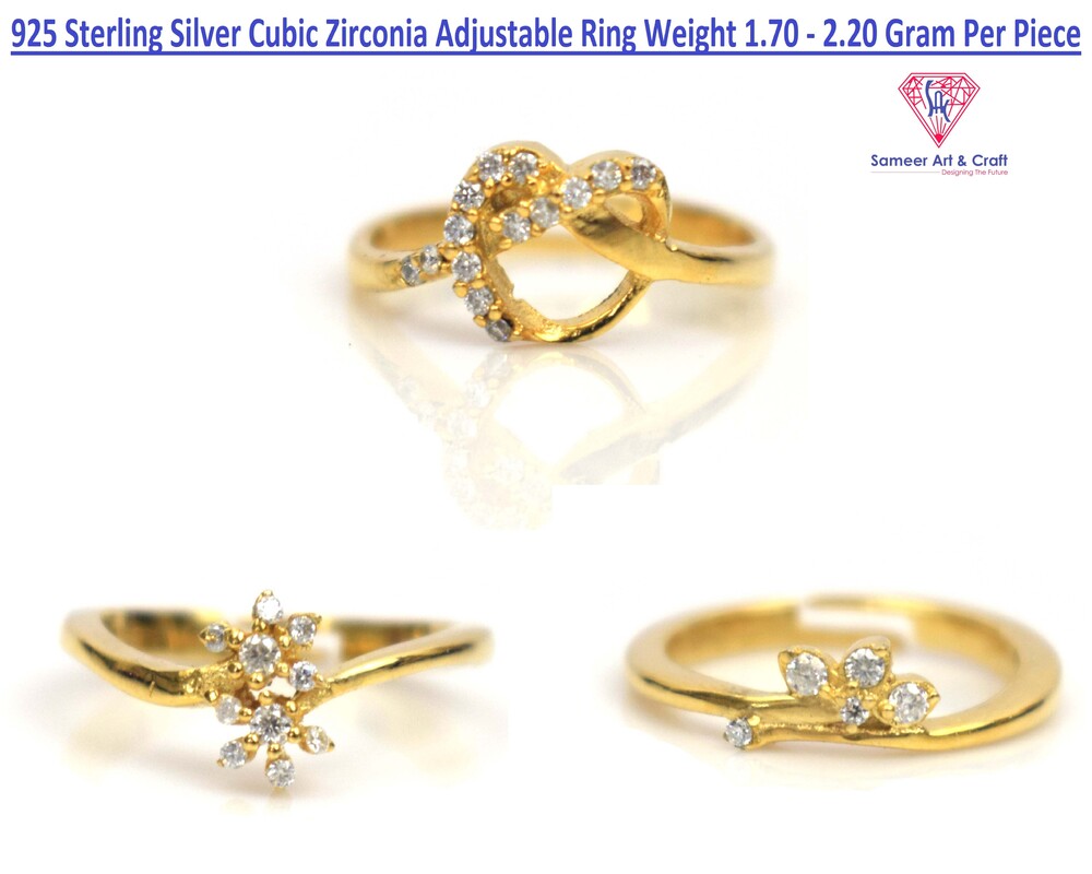 Cubic Zirconia 925 Sterling Silver With Gold Plated Adjustable Multi Design Fashionable Ring
